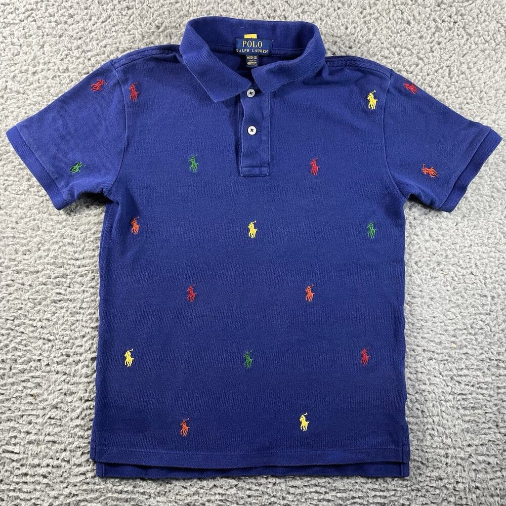 Polo Ralph Lauren Boys Polo Shirt Medium 10-12 Blue All Over Multi Pony Logo